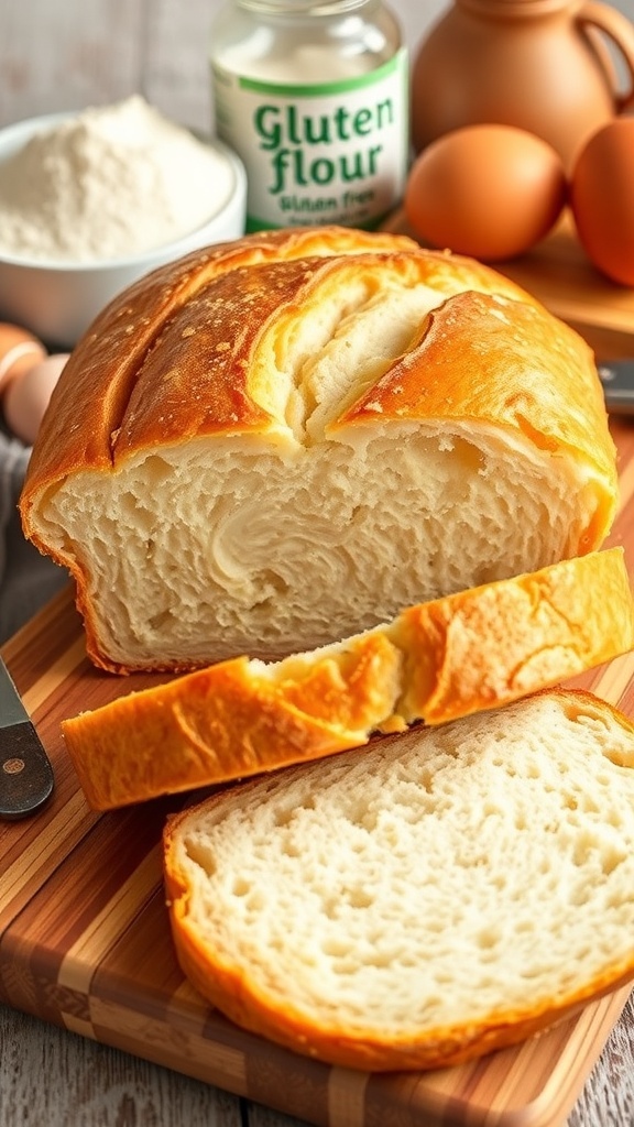 Homemade Gluten-Free Bread Recipe A loaf of gluten-free bread sliced on a cutting board, showcasing its fluffy texture.